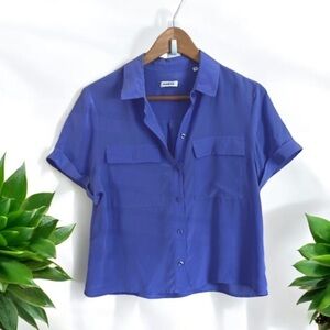 Marcs- 100% Silk Slightly Cropped Purple Button Down Short Sleeve Blouse
